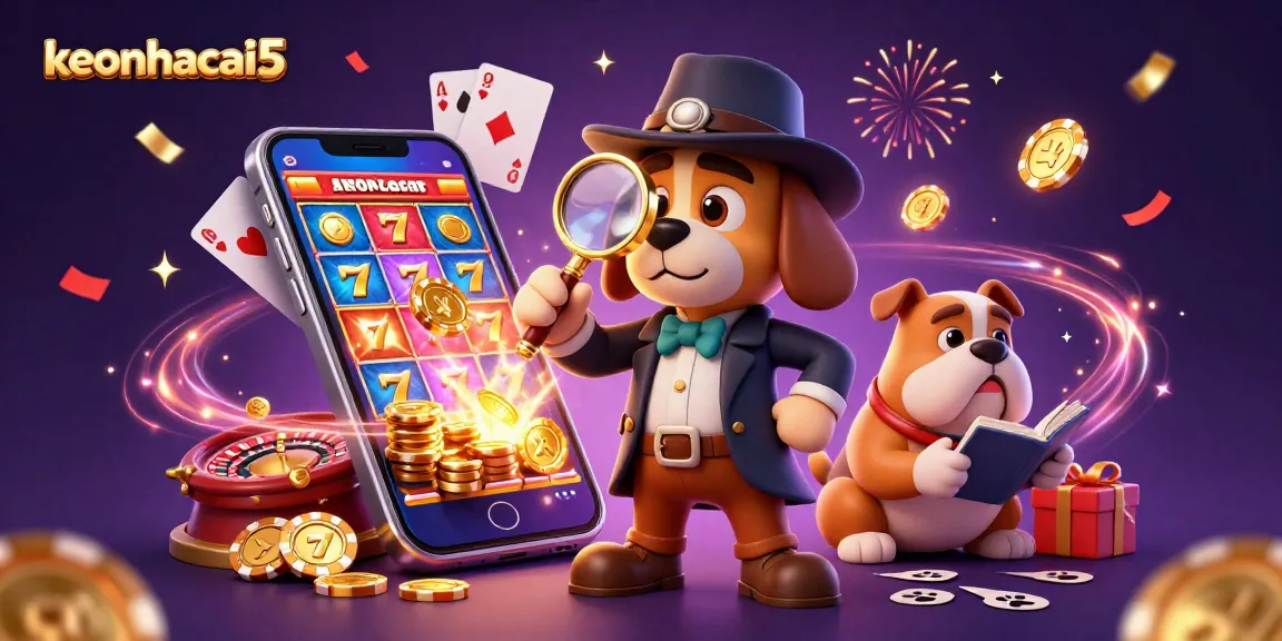 Engage with keonhacai5 as a cartoon detective uncovers casino treasures amid vibrant gambling elements.
