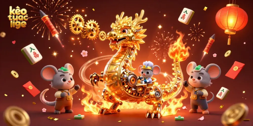 Engage with kèo trực tuyến as a golden dragon breathes gears in a dynamic casino scene.