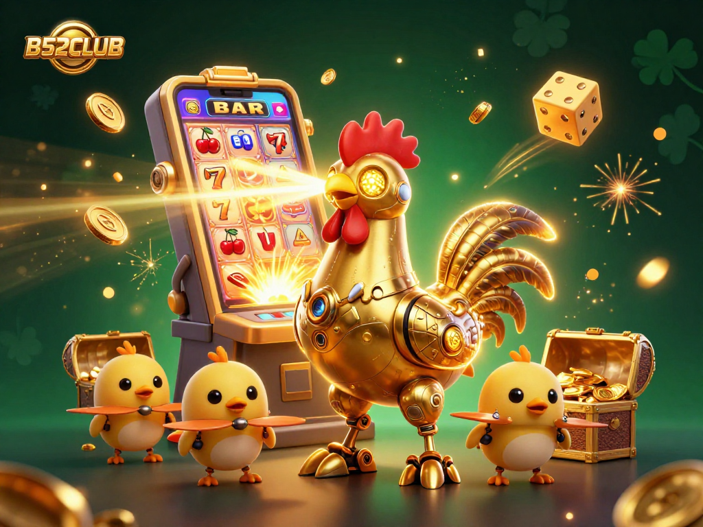 B52CLUB vibrant casino scene featuring a golden rooster robot and baby chick drones amidst jackpot excitement.