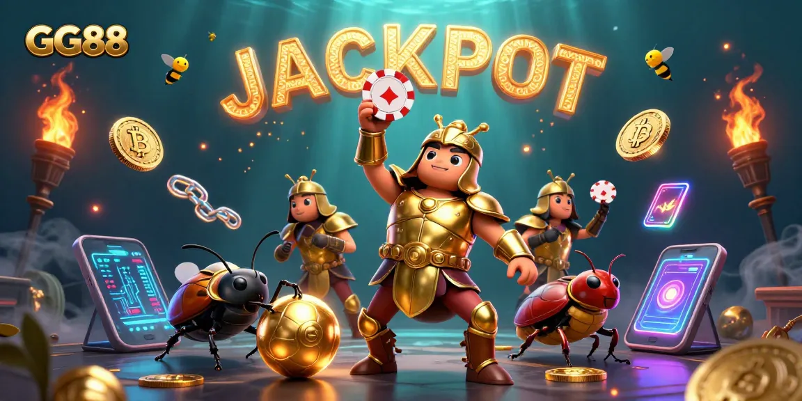 Engage with GG88 through a vibrant 3D illustration showcasing a hercules beetle in gladiator armor celebrating a jackpot.