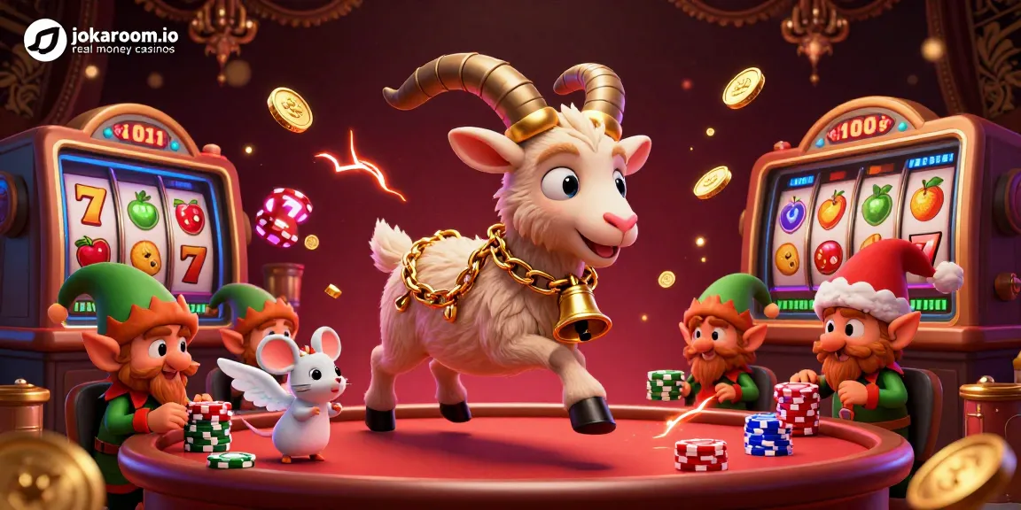 Engaging 3D casino scene showcasing jokaroom.io real money casinos with Krampus, an angel mouse, and elf gremlins.