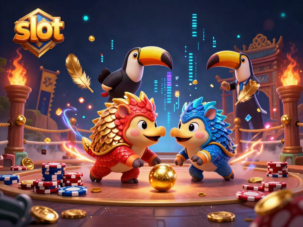 Engaging scene of pangolins bowling through poker chips in a vibrant slot casino atmosphere.