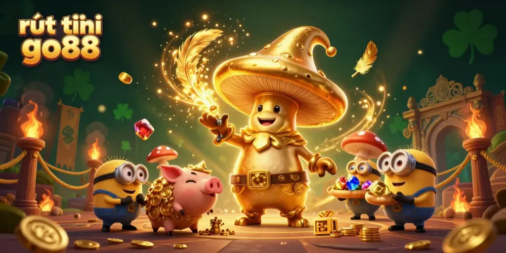 Experience rút tiền go88 with a magical scene featuring golden characters and casino elements.