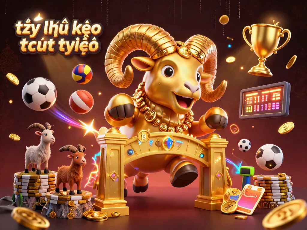 Experience tỷ lệ kèo trực tuyến with a golden ram charging through a dynamic sports betting scene.