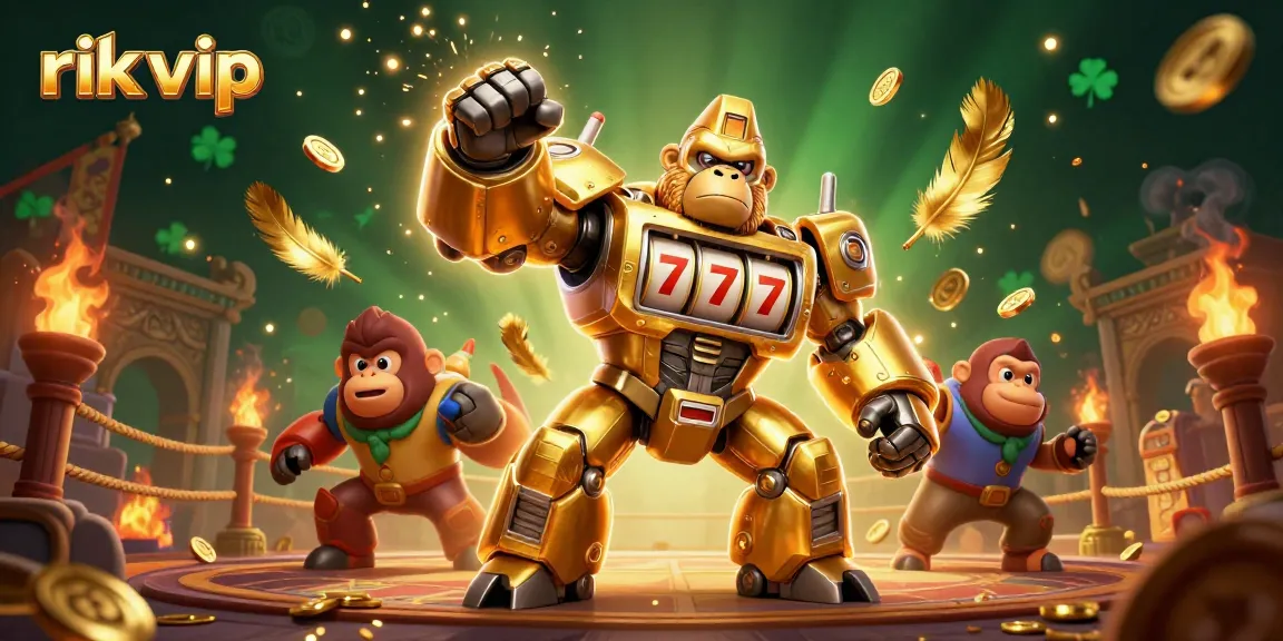 Experience thrilling action with rik vip's dynamic golden gorilla mech surrounded by casino elements.