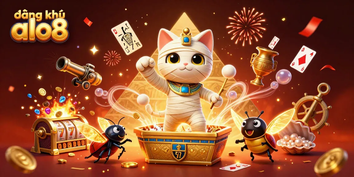 Experience the excitement of đăng ký alo8 with a vibrant 3D casino scene featuring an Egyptian mummy cat and glowing scarab.