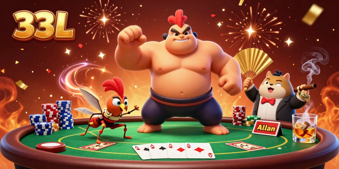 Experience thrilling poker action with 33L in an engaging scene featuring a powerful sumo wrestler rooster, a brave cricket, and a charismatic tanuki.