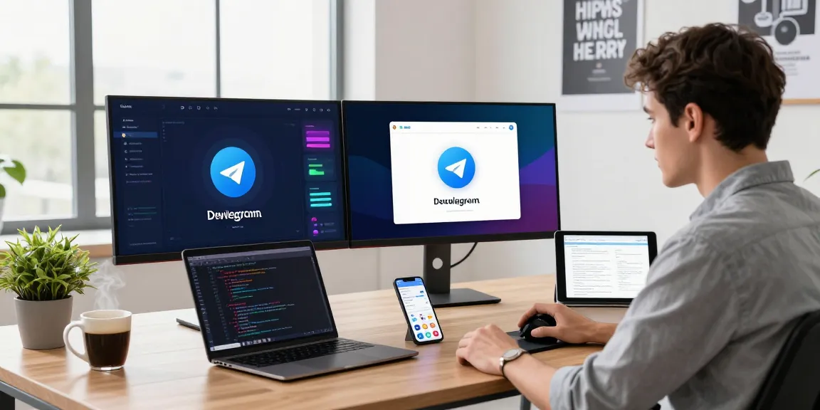 Download Telegram app on a dual monitor setup in a stylish workspace.