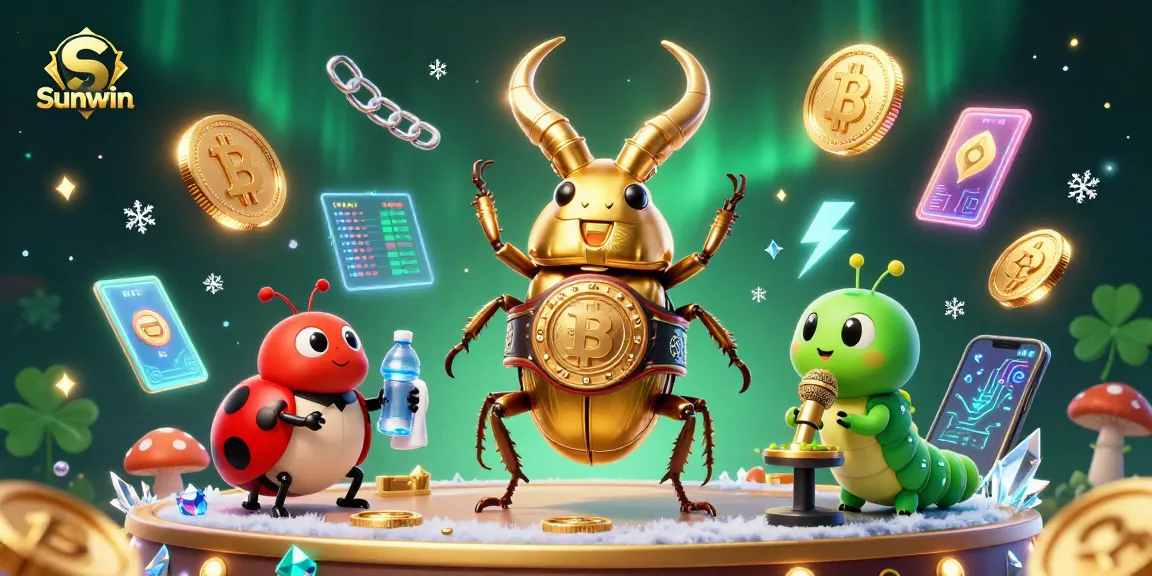 Engage with Sunwin's vibrant gambling universe featuring a golden stag beetle and crypto coins.