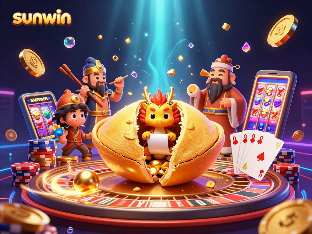 Experience thrilling wins at Sunwin with a dynamic 3D casino scene filled with gold and excitement.