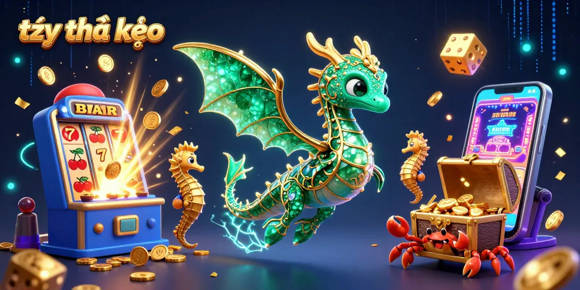 Engage with tỷ lệ kèo through an immersive 3D illustration featuring a sea dragon, colorful casino elements, and jackpot excitement.