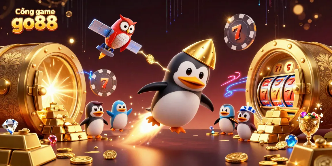 Cổng game go88 showcases a golden penguin racing towards jackpot treasures in a vibrant casino universe.