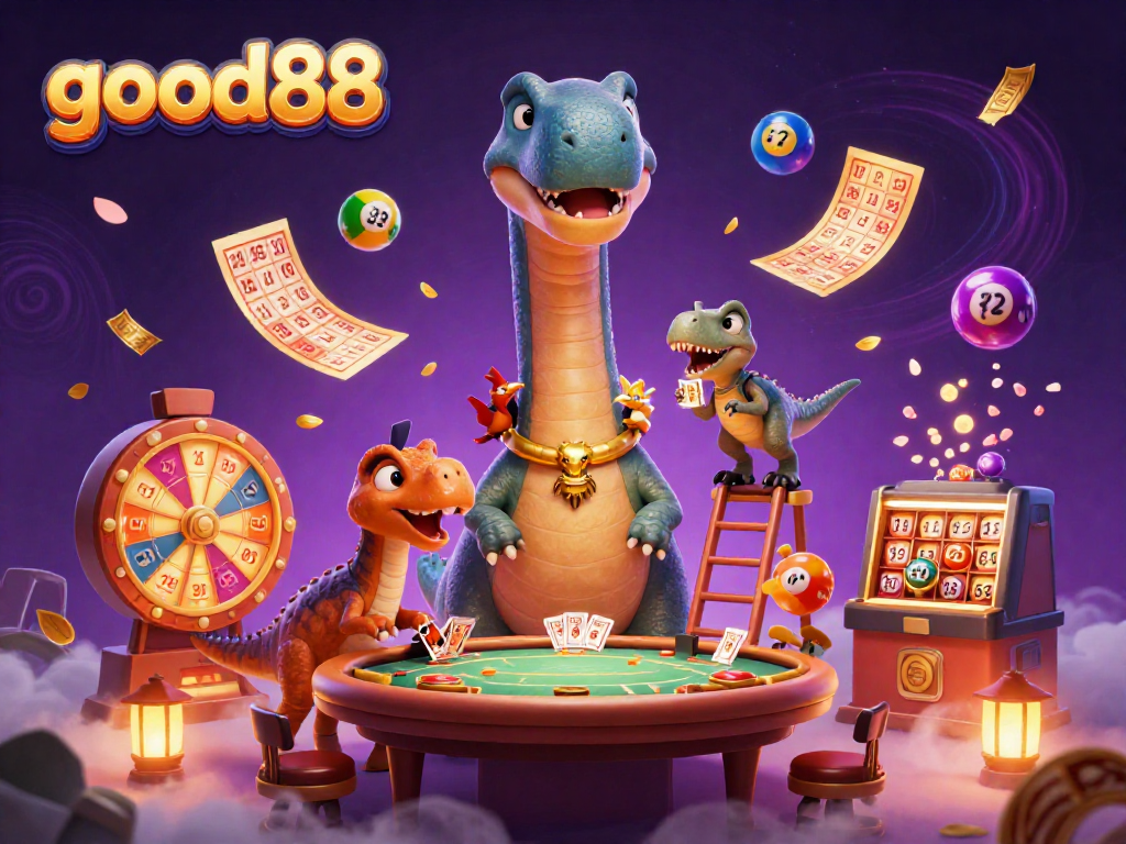 Experience the thrill of good88 with a vibrant 3D casino scene featuring dinosaurs and exciting game elements.