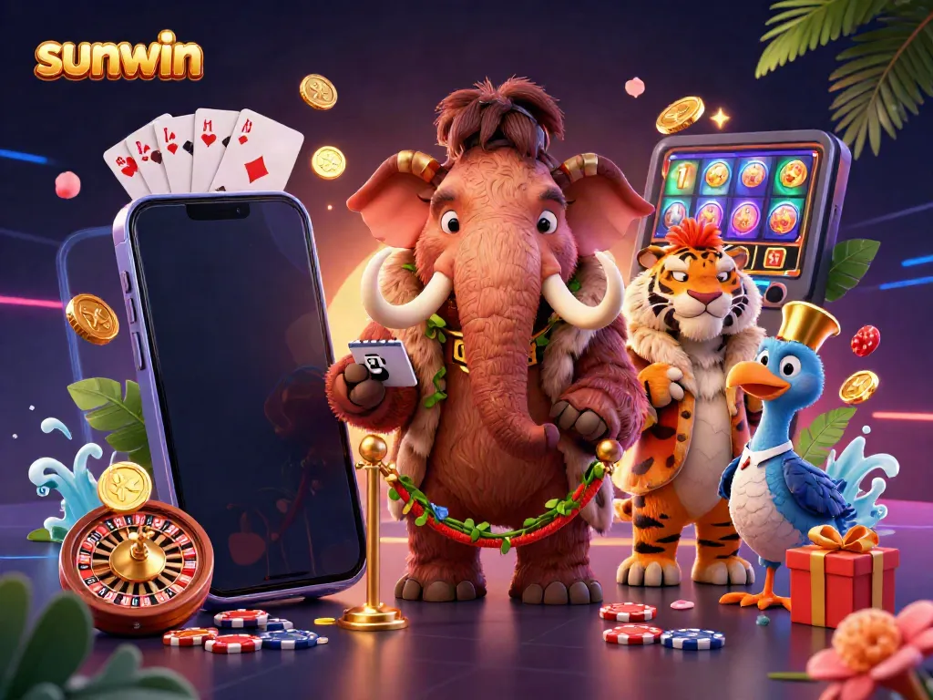 Experience the thrill of sunwin with a vibrant, animated casino scene featuring a mammoth bouncer and golden slot games.