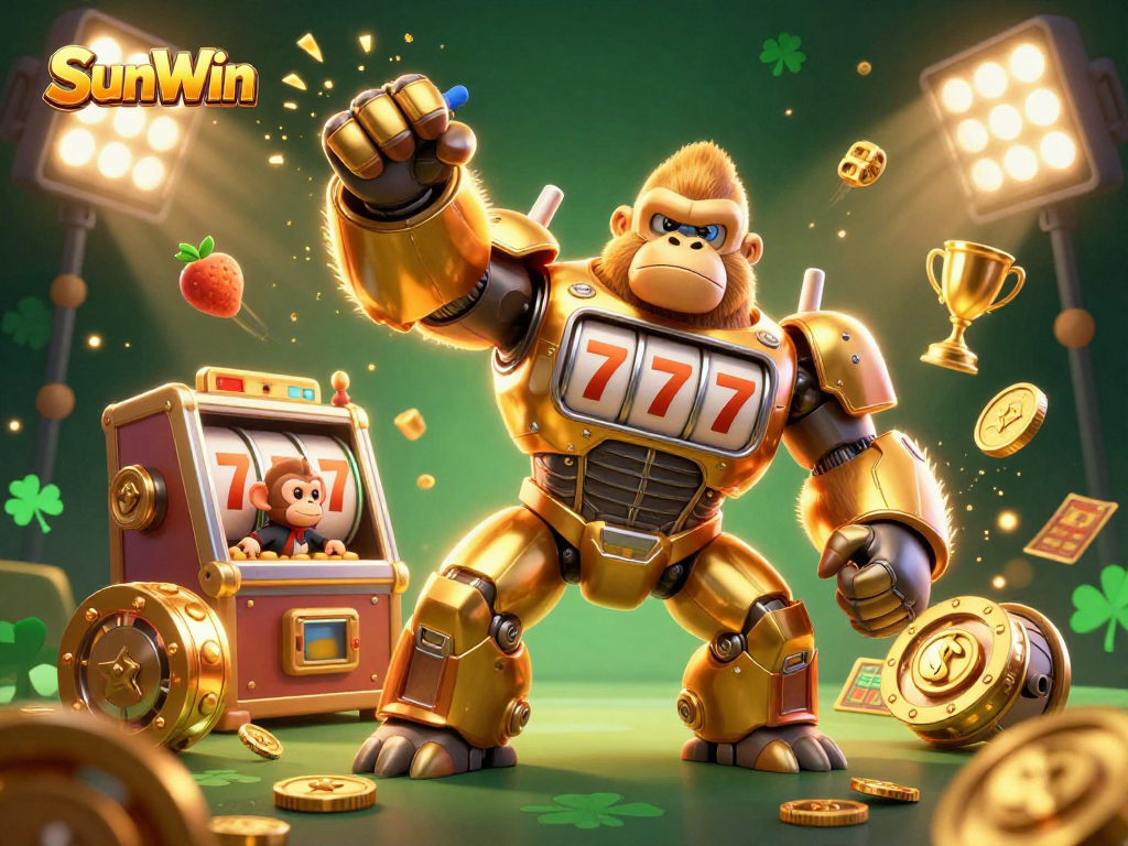 Experience thrilling gameplay at SunWin with a dynamic 3D golden gorilla mech and vibrant casino elements.