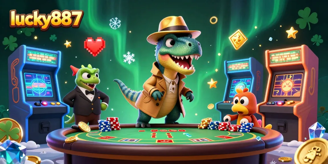 Players enjoy blackjack at lucky887's vibrant casino, showcasing 3D cartoon dinosaurs.
