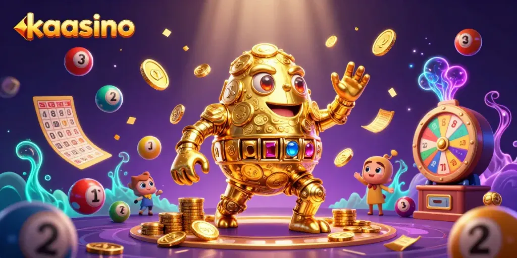 Engage in thrilling games at kaasino with a captivating golden golem amidst dynamic prizes.