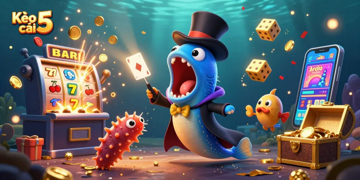 Kèo nhà cái 5 showcases a magical underwater gambling scene with vibrant casino elements.
