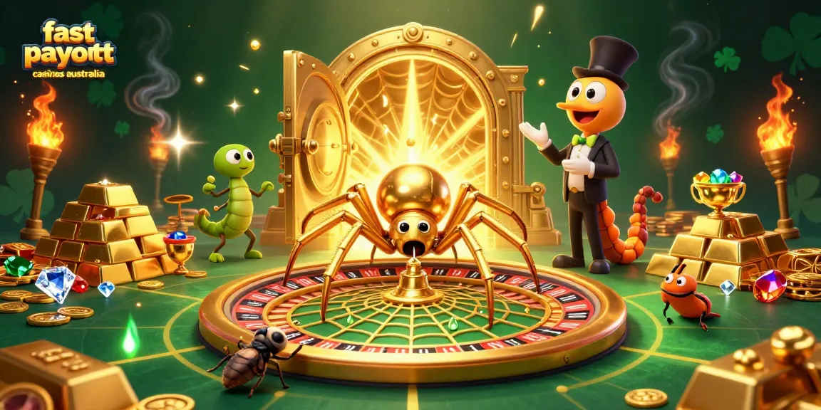 Engage with fast payout casinos Australia featuring a golden spider spinning a roulette wheel web.