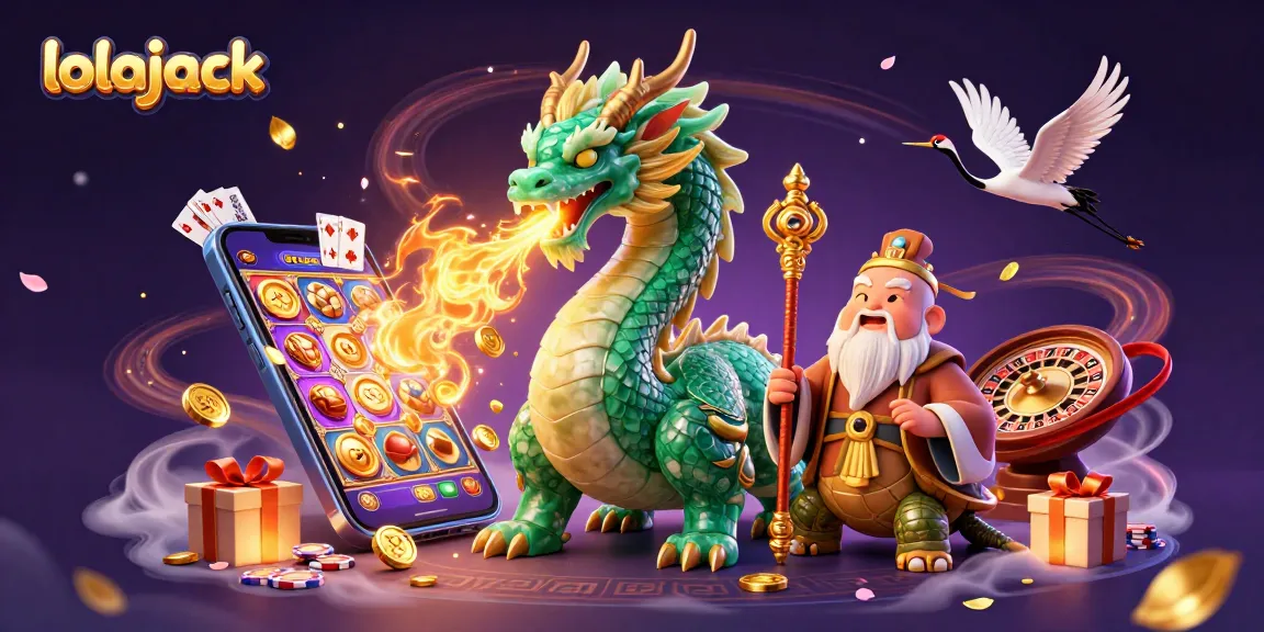 Experience the excitement of lolajack with a vibrant casino scene featuring a dragon, turtle sage, and lucky cranes.