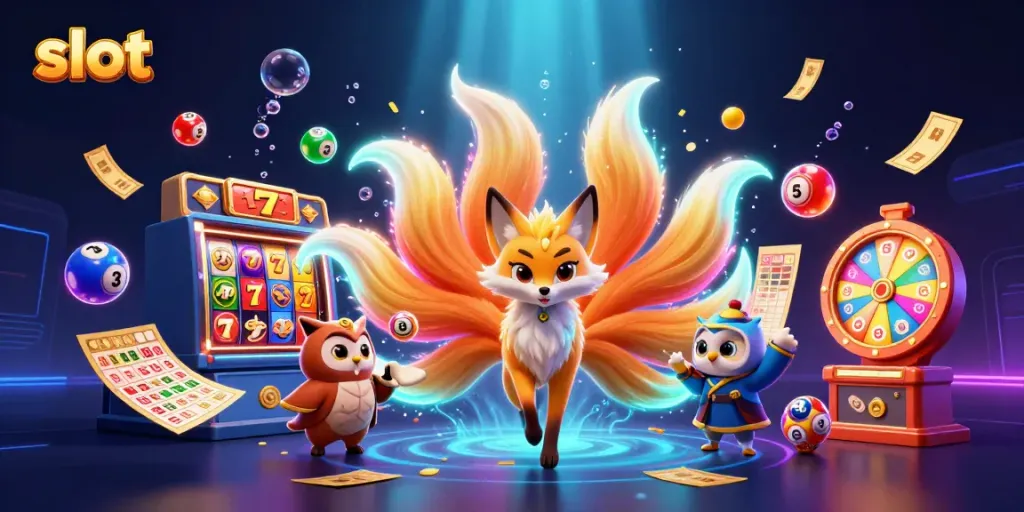 Engage with slot games featuring vibrant illustration of a nine-tailed fox and wise owl amidst spinning reels and colorful lottery elements