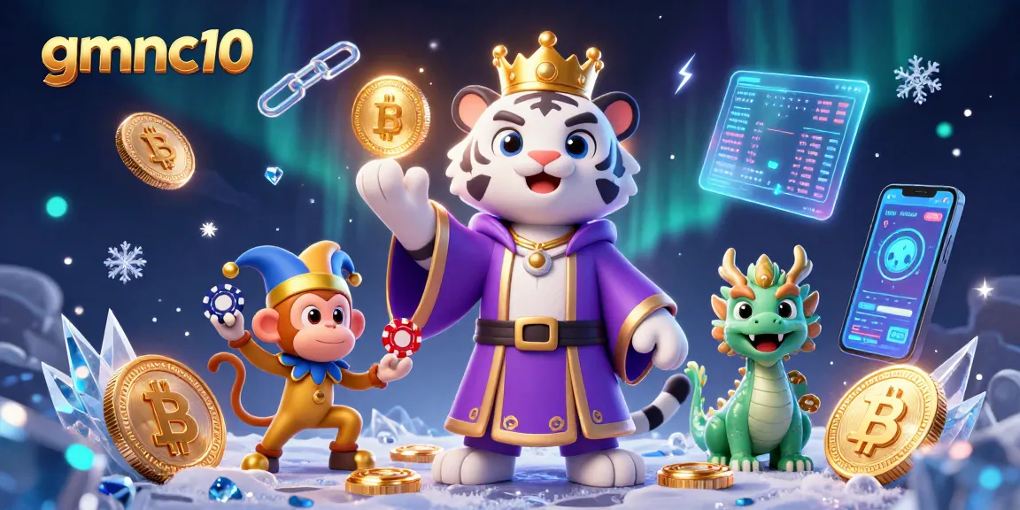 Engage with gmnc10's vibrant casino experience through a playful scene of poker chip juggling and crypto elements.