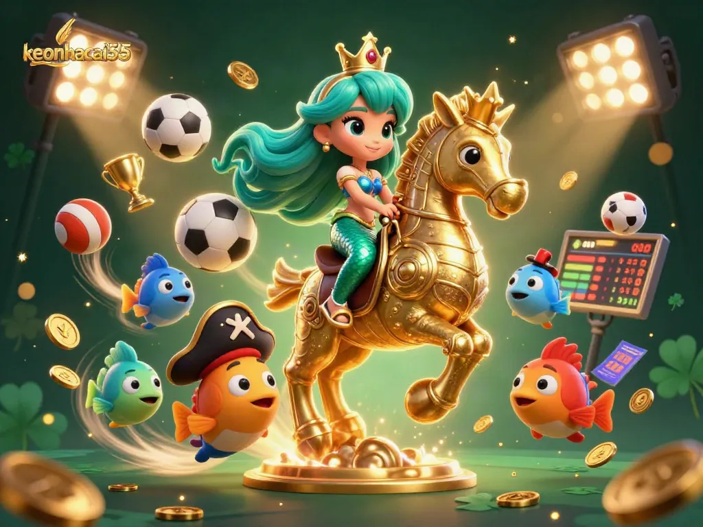 Engage with keonhacai55 as a mermaid princess and seahorse explore lively sports betting action