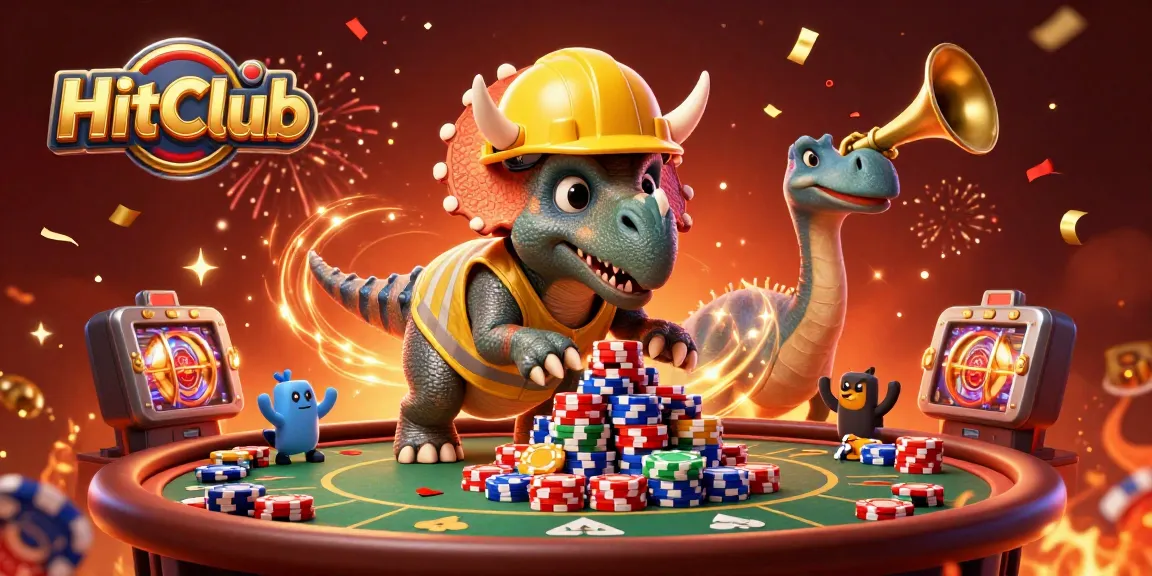 HitClub players celebrate winning at a vibrant 3D casino scene filled with poker chips and slot reels.