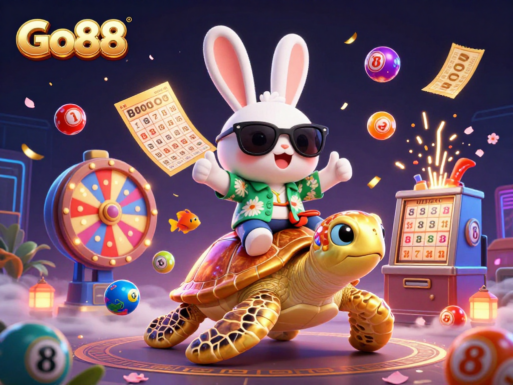 Experience thrilling wins with Go88's vibrant cartoon illustration of a lucky rabbit and golden turtle in a lively casino scene.