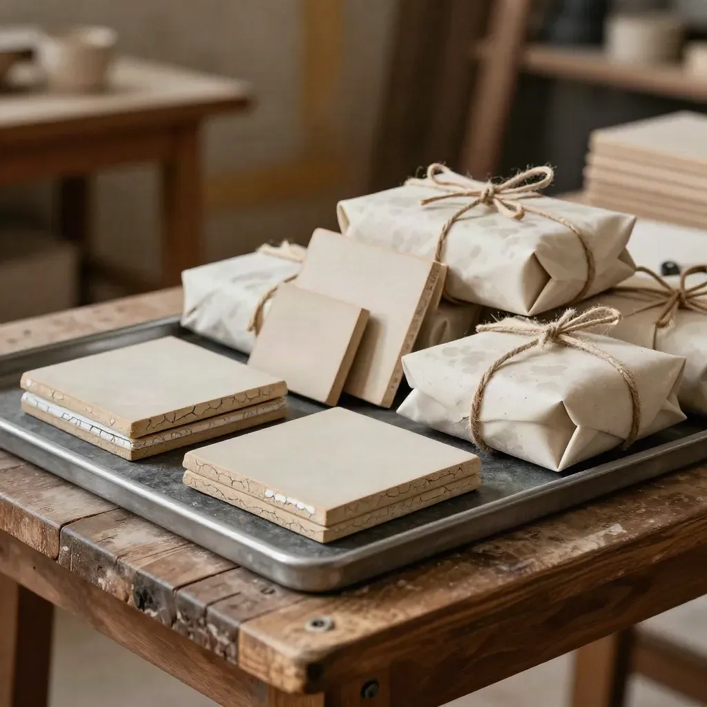 Keramiekstudio met sampletegels, kleistempels, ingepakte pakketjes en een orderbak