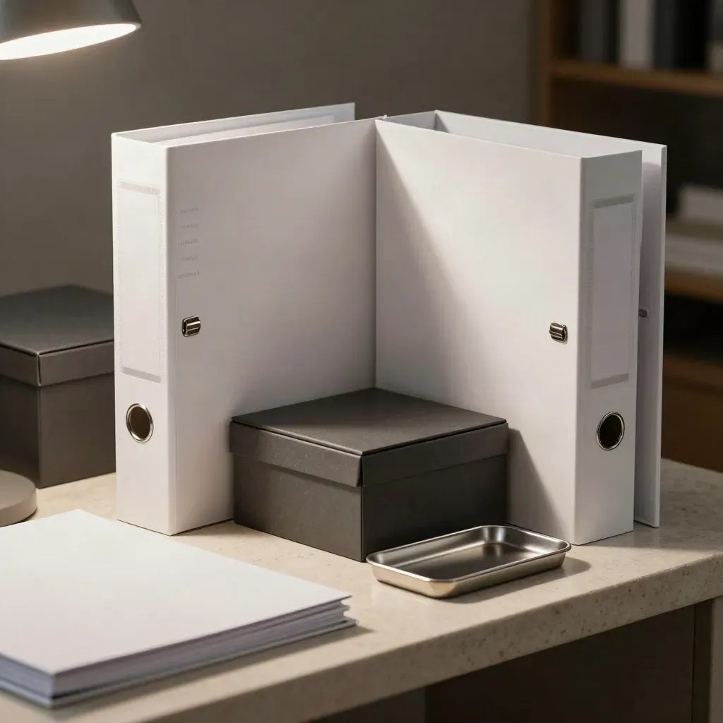 Archiefdozen, ordners en metalen trays in een rustige onboarding-opstelling.