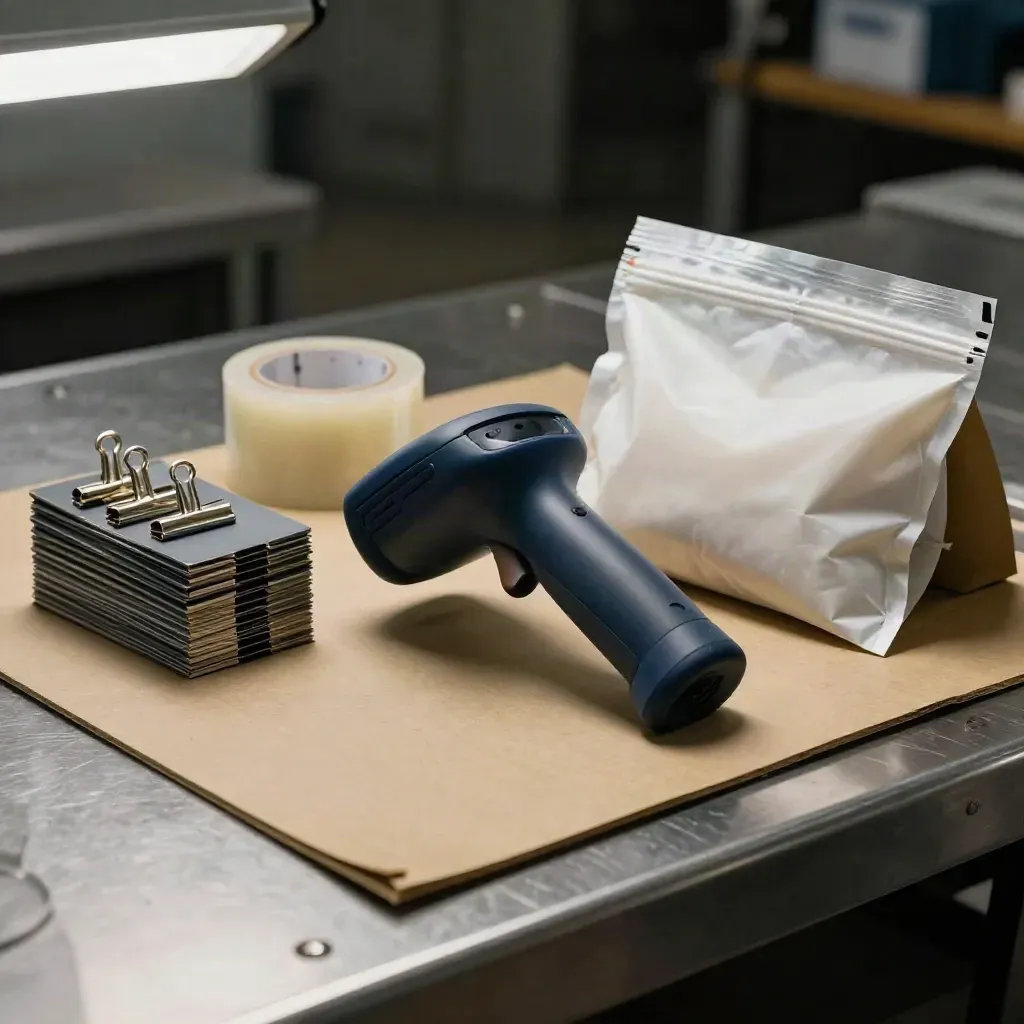 Macro van een barcode scanner naast tape, transportclips en een verzegelde zak op een paktafel