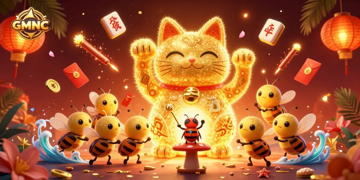 Engage with GMNC and the vibrant casino world featuring a lucky cat and festive symbols.