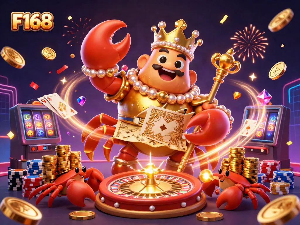 Experience the thrilling casino action at F168 with a vibrant cartoon scene featuring a golden crab emperor.