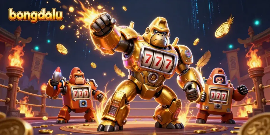 Bongdalu features a dynamic 3D golden gorilla mech punching upward surrounded by casino-themed elements.