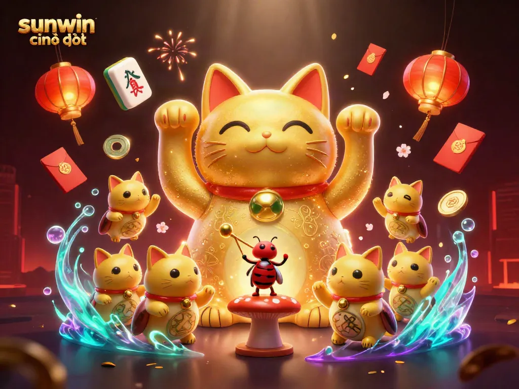 Experience gambling excitement with the vibrant sunwin chính thức scene showcasing a giant lucky cat and swirling casino symbols.
