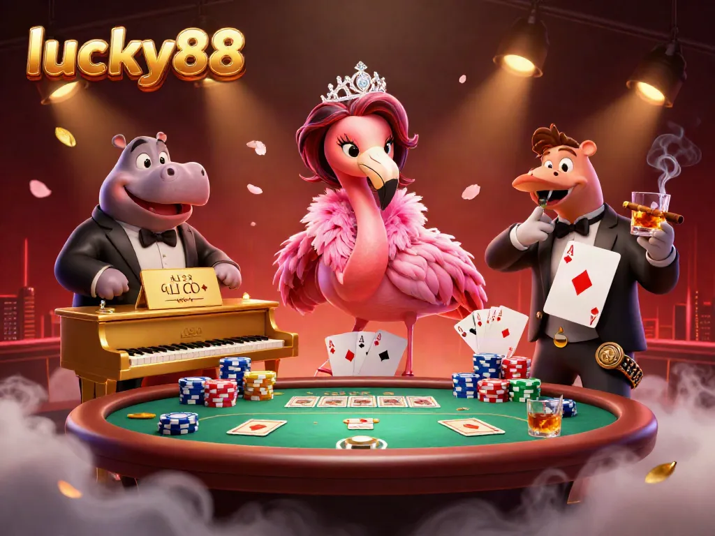 Spin reels and win at lucky88: A lively scene with a flamingo singer and hippo bassist in a casino.