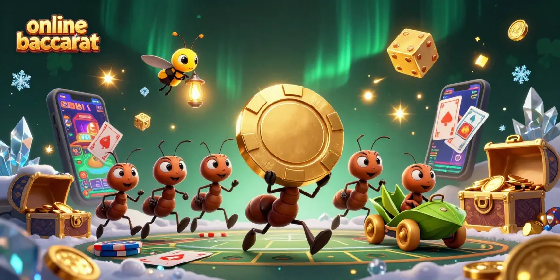 Engaging online baccarat adventure with ants heisting a giant poker chip amidst casino elements.