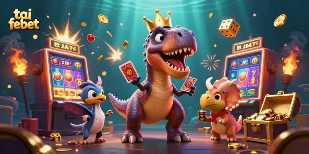 Engage with the excitement at tai febet, featuring a dynamic scene of a T-Rex and friends among bursting jackpots.
