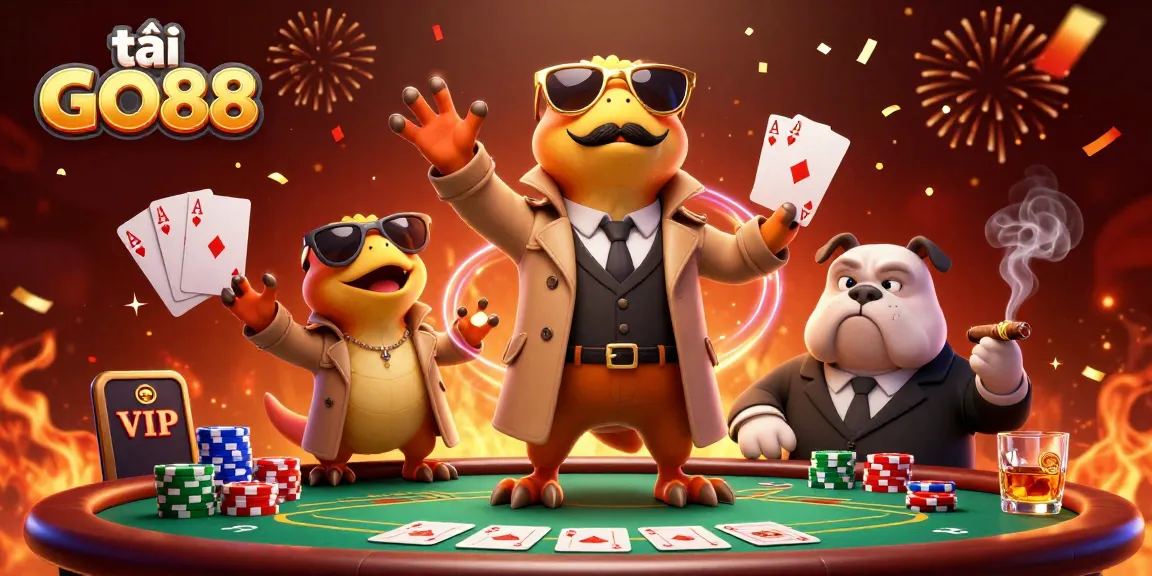 Tai GO88 download symbols surround three cartoon raptors in a trench coat in a vibrant casino scene.