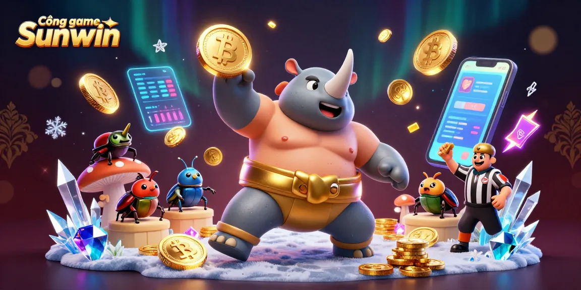 Experience the thrill of Cổng game Sunwin with a dynamic 3D scene featuring a beetle champion and crypto elements.