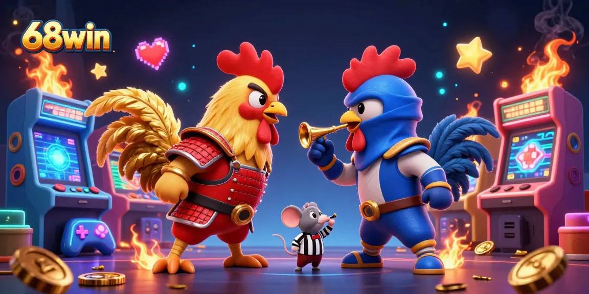 Experience thrilling standoffs at 68win with dynamic roosters battling amid vibrant gaming elements.