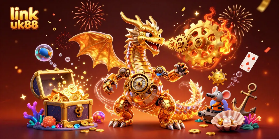 Engage with link uk88 in a vibrant casino world featuring a golden dragon and treasure explosion.