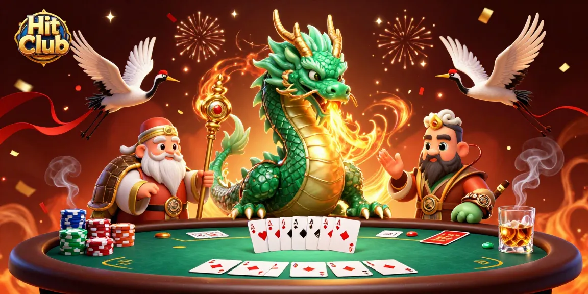 Engage with the vibrant Hit Club scene featuring a jade dragon and lucky poker elements.