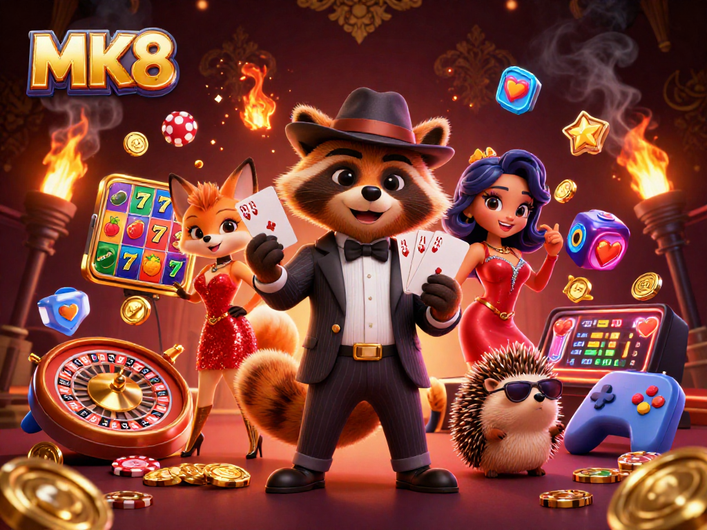 Experience the thrill of MK8 as a raccoon deals a royal flush amidst vibrant slot games.