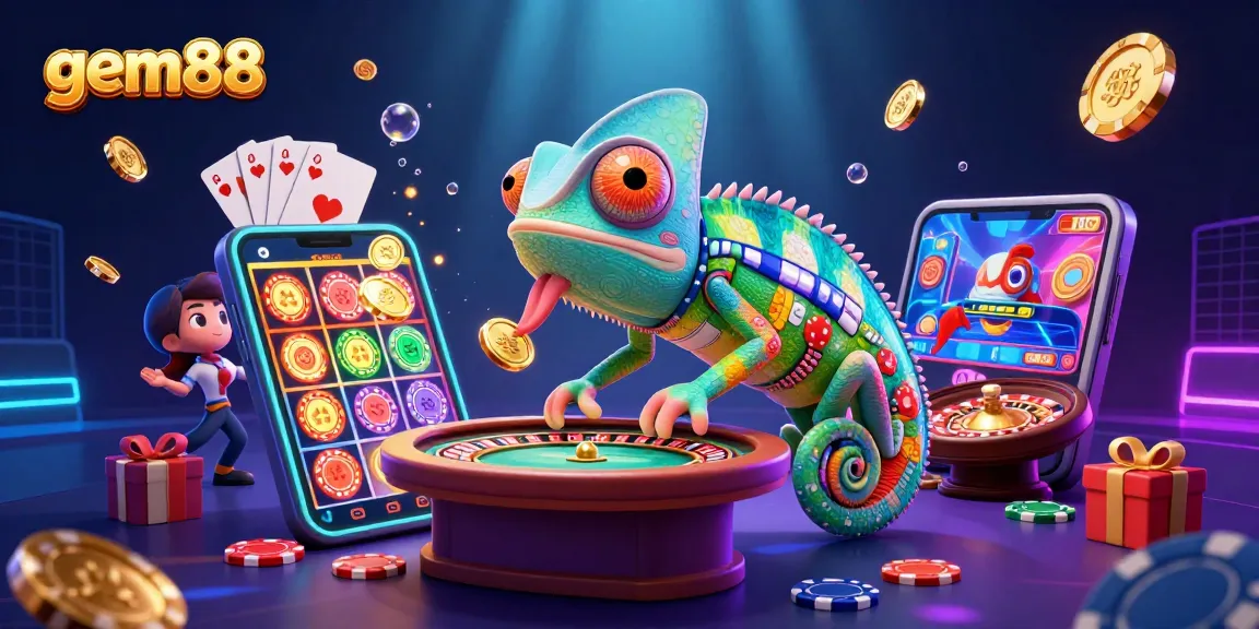 Experience the vibrant gem88 casino world, as the chameleon owner interacts dynamically with thrilling games and rewards.