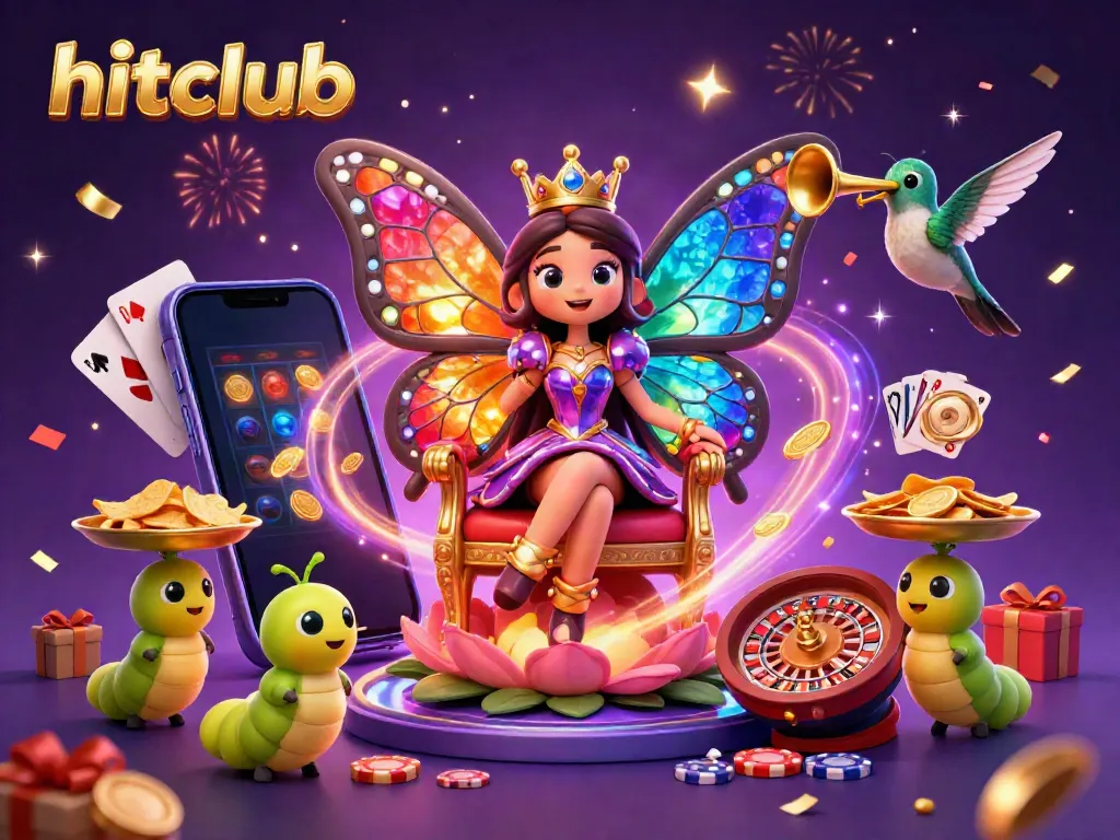 Win big with hitclub's exciting games featuring a vibrant butterfly queen among lively casino elements.