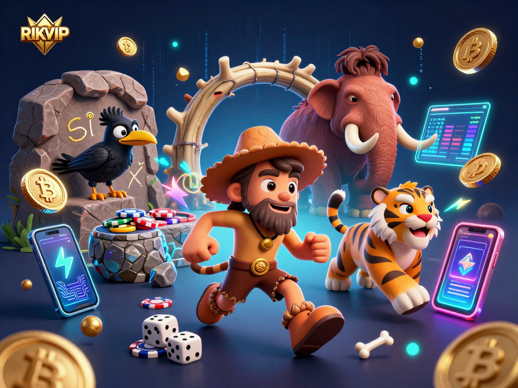Experience the thrilling RIKVIP casino vibes with a cartoon caveman duo and crypto elements in an exciting scene.