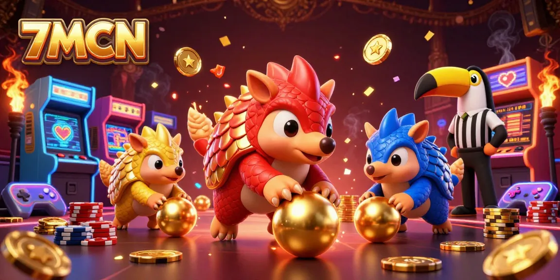 Experience 7MCN’s thrilling gaming scene with colorful pangolins navigating golden chips.