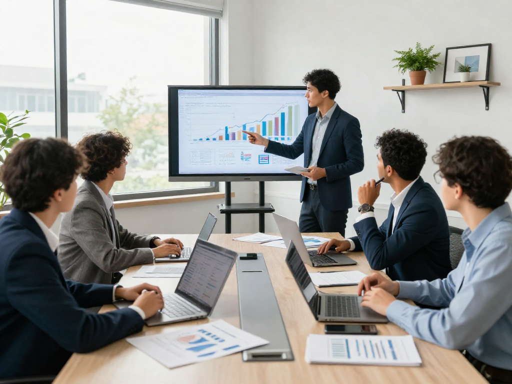 Professionals bespreken een zakelijke lening in een moderne kantooromgeving met grafieken en documenten.